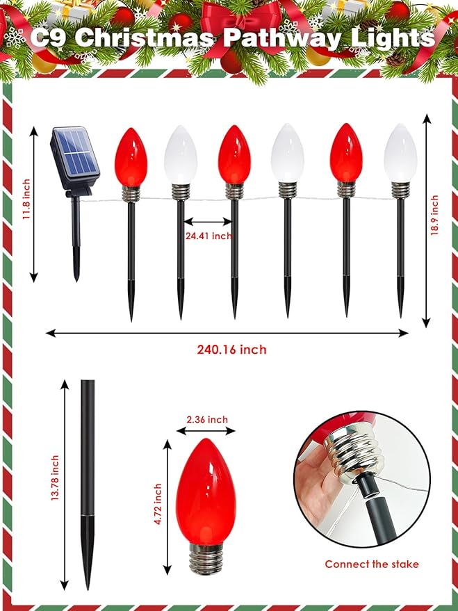 12 Pack Large C9 Christmas Decorations Outdoor Waterproof, Solar C9 Christmas Lights Outdoor with 2 Modes, Solar Pathway Light for Outside Party Yard Lawn Patio Walkway Xmas Decoration (Red and White)