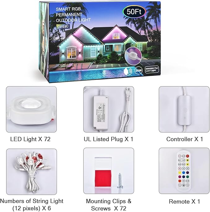 50FT Permanent Outdoor Smart RGB Color-Changing LED Eaves Lights, App Control, Perfect for Game Day, Christmas, and Daily Lighting