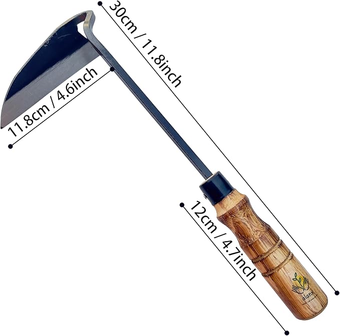 12 Inch Japanese Gardening Hand Weeding Sickle, Weeding Hoe with Long Wooden Handle