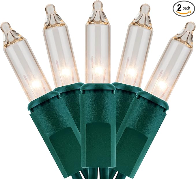 YULETIME 200 Clear Christmas Lights with Green Wire, Pack of 2 Strands of 21 ft 100 Count UL Certified Incandescent Mini String Light (Clear - Green Wire)