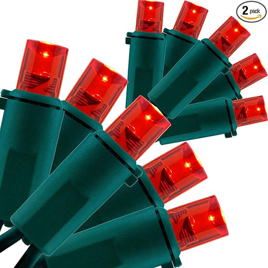 YULETIME Red Wide Angle LED Christmas Lights 200 Count 50 ft, Pack of 2 Strands 25 ft 100 Lights UL Certified String Light Set (Red)