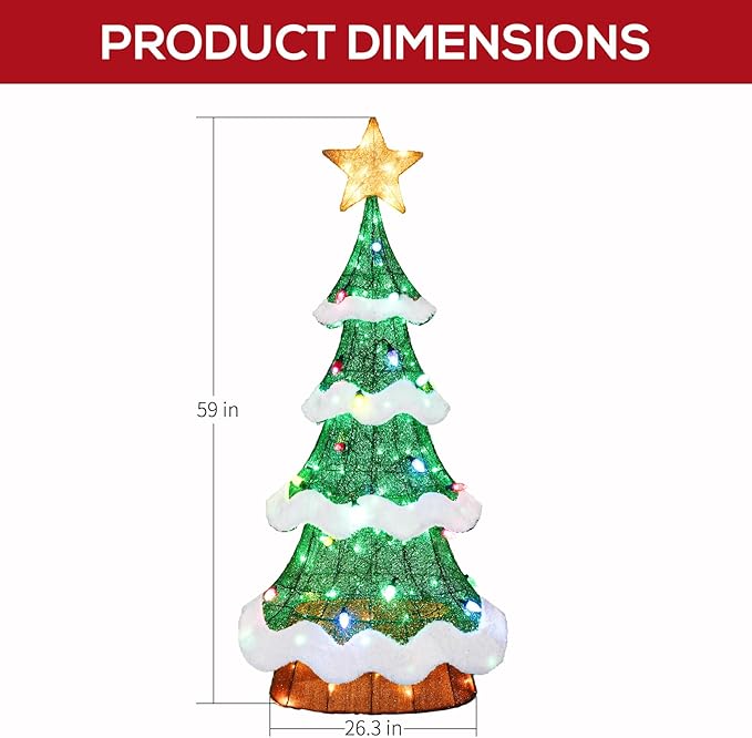 Hykolity 5 ft. Christmas Tree with Star Topper, Metal Frame Outdoor Decor, Multi-Color Bulbs + Green LEDs, Lighted Holiday Displays