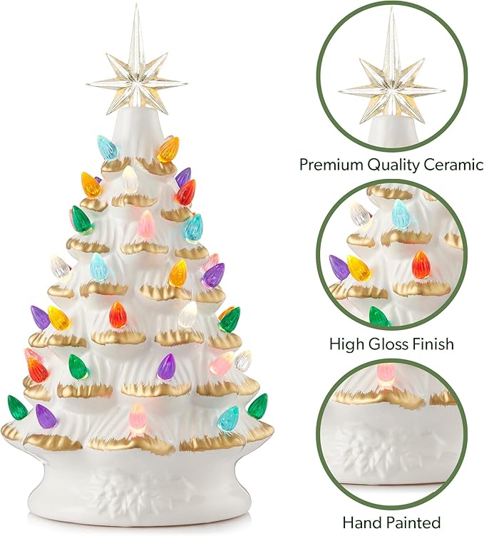 Casafield Hand Painted Ceramic Christmas Tree, White 12-Inch Pre-Lit Tree with 100 Multi Color Lights and 2 Star Toppers
