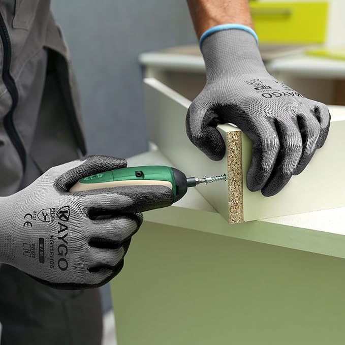 KAYGO Safety Work Gloves PU Coated-12 Pairs KG11PB Seamless Knit Glove with Polyurethane Coated Smooth Grip on Palm & Fingers for Men and Women, Gray Medium