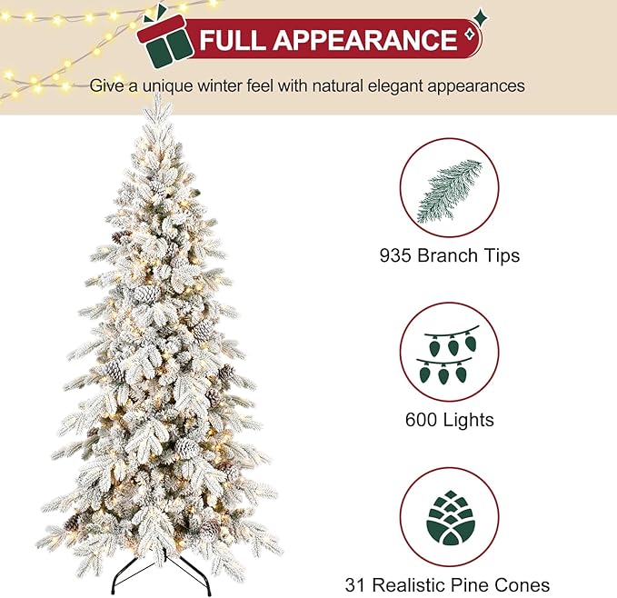 6 FT Pre-Lit Snow Flocked Slim Fir Christmas Tree with 935 PE & PVC Mixed Branch Tips,Artificial Skinny Pencil Xmas Tree with 600 Warm-White Lights & 31 Pine Cones,Hinged Pine Tree with Metal Stand