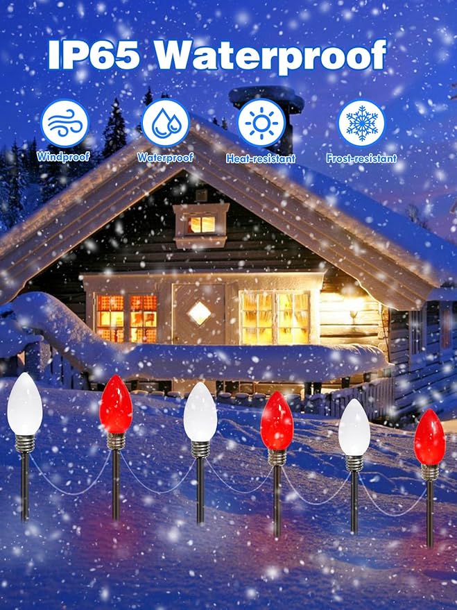 12 Pack Large C9 Christmas Decorations Outdoor Waterproof, Solar C9 Christmas Lights Outdoor with 2 Modes, Solar Pathway Light for Outside Party Yard Lawn Patio Walkway Xmas Decoration (Red and White)