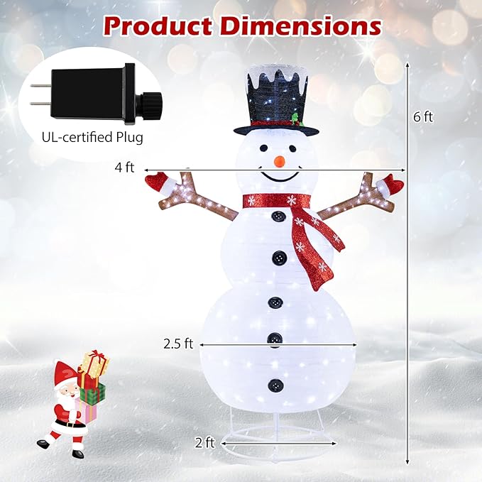 Tangkula 6 FT Lighted Pop-Up Christmas Snowman, Indoor Outdoor Christmas Decoration with 180 Pre-Lit LED Lights, Collapsible Snowman with Hat & Scarf for Home, Yard, Garden, Xmas Holiday Decoration