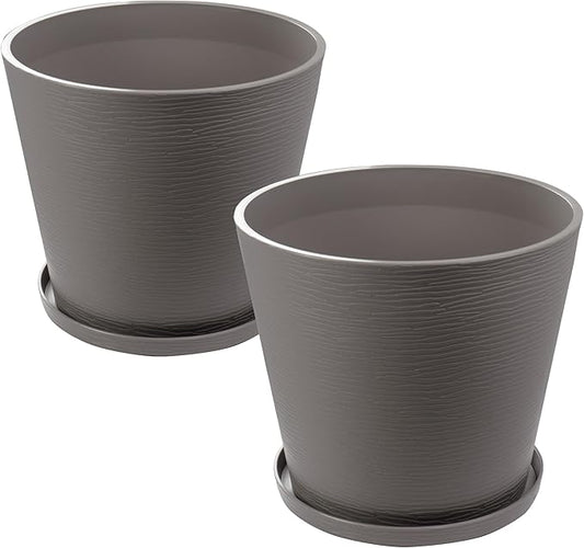 Kozyard 2Packs Round Planter Indoor Outdoor Plant Pots with Tray Collecting Water for Porch, Patio, Backyard Planters Modern Décor for Tall Plants Flowers GrayishBrown