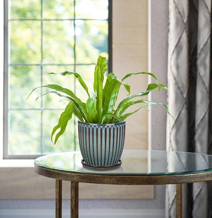 Oairse Ceramic Pots for Indoor Plants, 4.9 +5.7 inch Pots for Plants Set of 2 Marble Blue Plant Pots with Drainage Holes and Saucers Texture Ceramic Planters Indoor Outdoor Flower Pots for Succulent