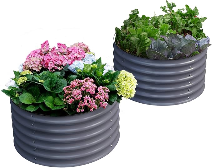 Olle 2 Pack 17" Tall Durable Round Raised Garden Bed Raised Beds for Gardening, Vegetable Planter Boxes Outdoor Raised Garden Boxes for Herbs, Veggies, Flowers, Mid-Grey 24" X 17"