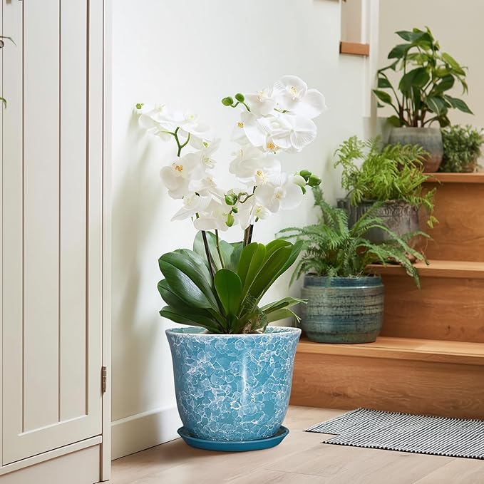 Ceramic Planter - 10 Inch Plant Pot for Indoor Outdoor, Large Round Flower Pots with Drainage Hole and Saucer, Modern Decorative Plant Pots, Garden House Decor, House Warming Gifts, Blue