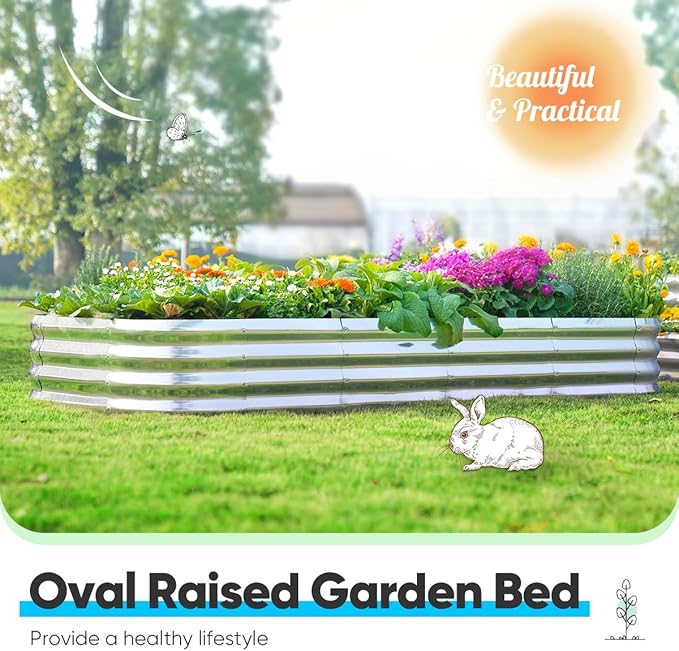 Quictent Galvanized Raised Garden Bed Kit, 6x3x1ft Oval Large Metal Outdoor Planting Box, Ground Planter Strengthened by Crossbar, Silver
