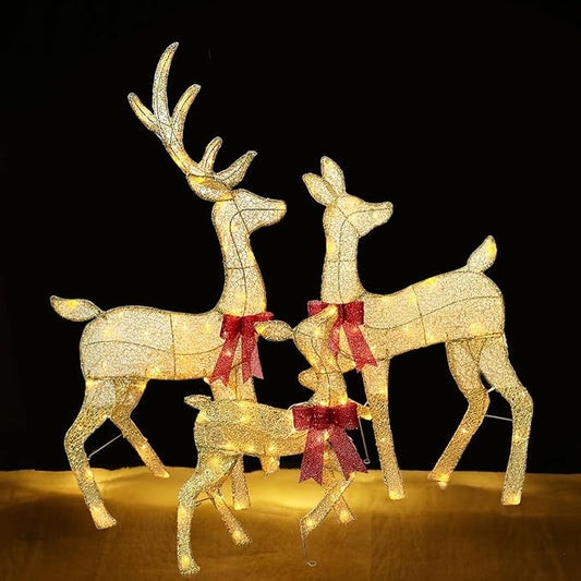 45" Light Up Outdoor 2D Christmas Reindeer Decor, Featuring Durable Metal Frame, Ground Stakes, Waterproof Snow-Resistant Design, Perfect for Vintage Christmas Home, Tree, and Garden Decoration, Gold