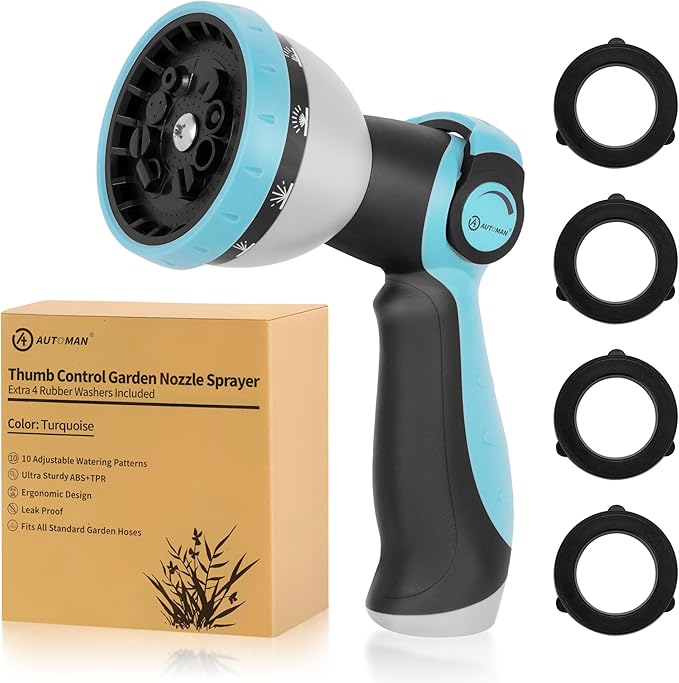 AUTOMAN Garden Hose Nozzle Sprayer - 10 Spray Patterns, High Pressure, Thumb Control On Off Valve, Metal Duty Water Nozzle, Extra 3 Washers, for Watering Garden, Cleaning, Washing Car, Showering Pets