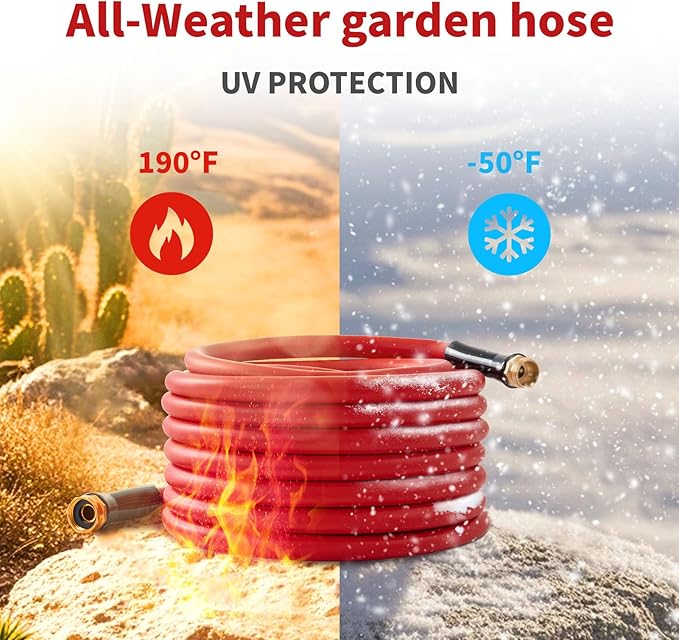 Garden Hose 50ft x 3/4” Hot Water Hose, Heavy Duty -50°F to 190°F,Burst 600Psi Flexible Upgraded Rubber Hoses,3/4” Solid Fittings for All-weather Outdoor Lawn & Garden
