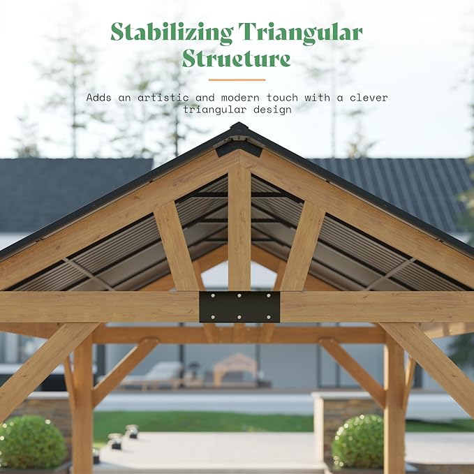 10x12 FT Wood Gazebo, Hardtop Pergola with Steel Gable Roof, Outdoor Gazebo with Guest House for Garden, Porch, Patio, Black + Natural Wood