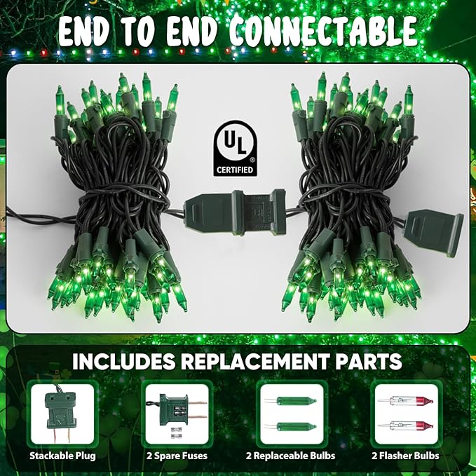 13FT 50-Count Green Halloween Lights, Incandescent Mini String Lights with Green Wire, Connectable St Patrick's Day Decorations Lights Waterproof for Indoor Outdoor Tree Garland Xmas Holiday