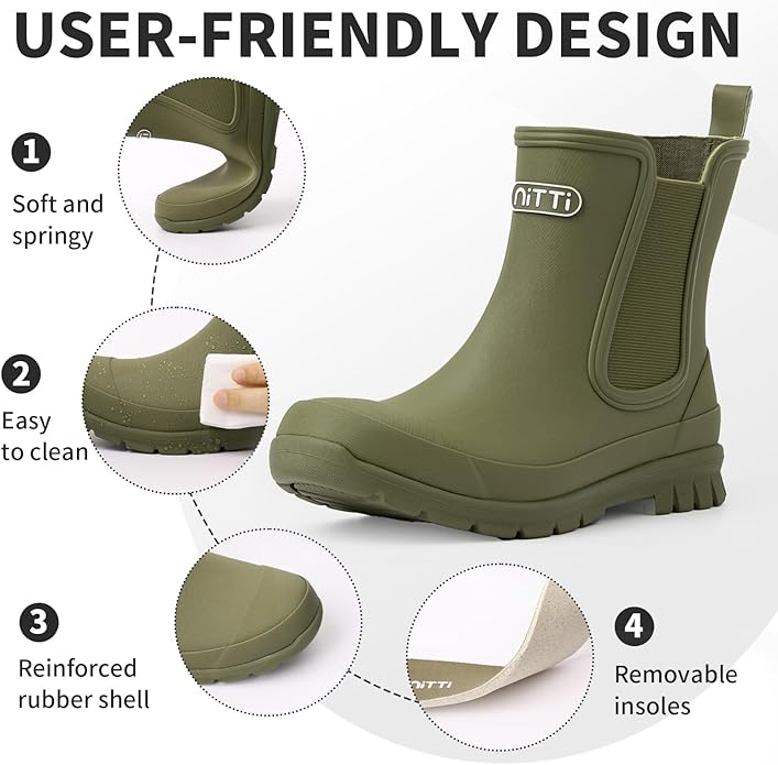 NITTI Women's Waterproof Short Rain Boots Slip-Resistant Rubber Chelsea Garden Shoes with Comfort Insole