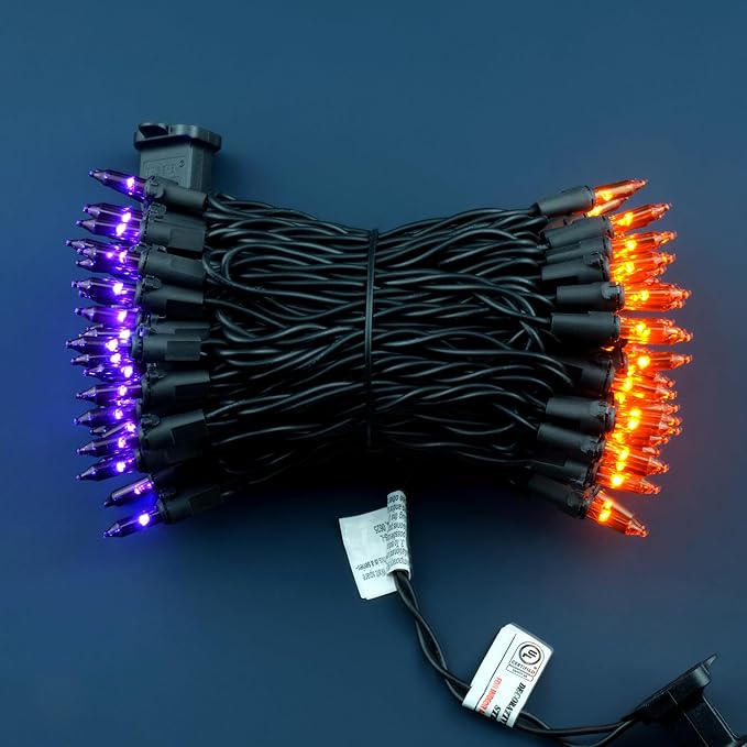 YULETIME 100 Count Orange & Purple Christmas Lights, 33 Feet Black Wire UL Certified Incandescent-Like LED Mini String Lights