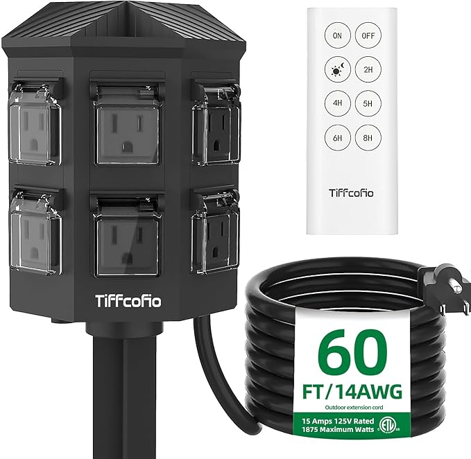 TiFFCOFiO Outdoor Power Strip with 60 FT Extension Cord, 100FT Remote Control, Dusk to Dawn Light Timer Waterproof, 6 Grounded Outlets for Yard, Pool and Garden, ETL Listed