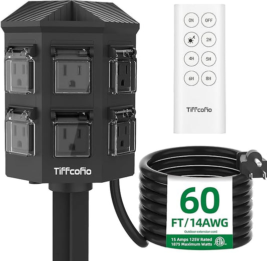 TiFFCOFiO Outdoor Power Strip with 60 FT Extension Cord, 100FT Remote Control, Dusk to Dawn Light Timer Waterproof, 6 Grounded Outlets for Yard, Pool and Garden, ETL Listed