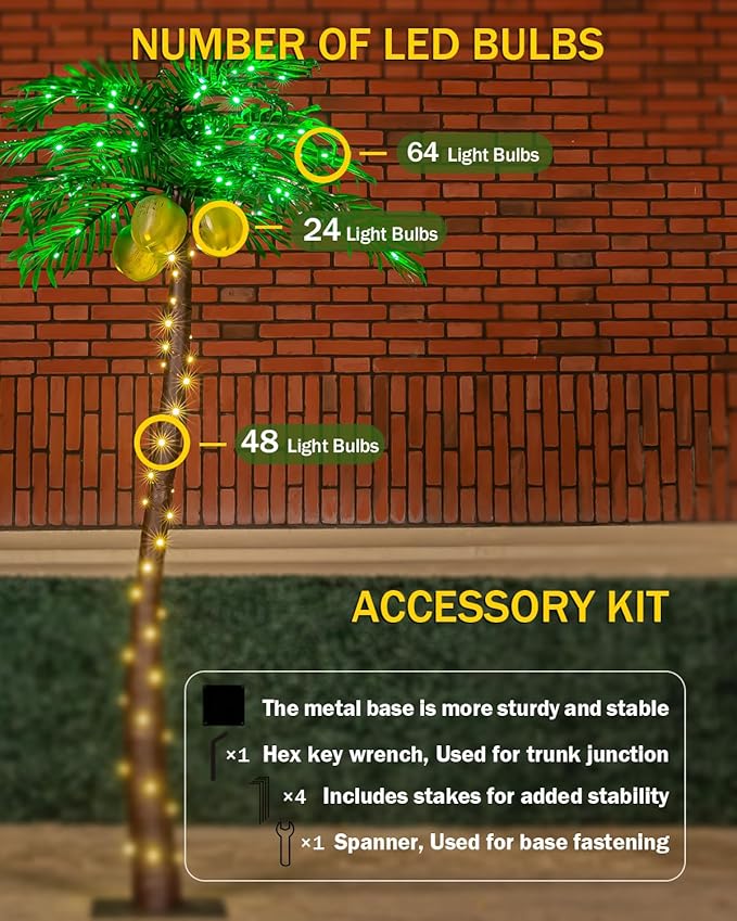 5ft Lighted Palm Tree 136 LED Lights with Glowing Coconuts - Dimmable, UL Certified, Waterproof - Ideal for Indoor and Outdoor Decoration
