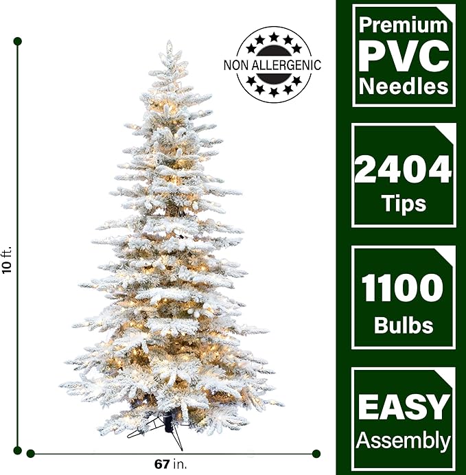 Fraser Hill Farm 10-Ft. Pine Valley Flocked Artificial Christmas Tree with White Incandescent Smart Lights and Stand, Prelit Foldable Fake Tree with Realistic Snowy Foliage for Home Decoration