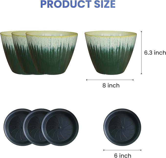 8 inch Plant Pots with Drainage Holes, Pack of 4 Plastic Flower Pots Indoor, Modern Glossy Finishing Planter for Indoor Outdoor Plants (Green Glaze, 4 Pack)