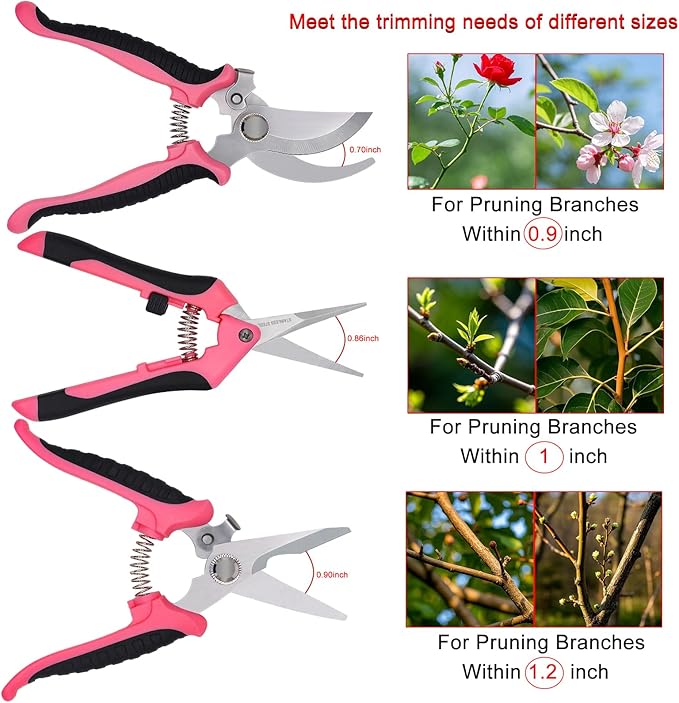 Pruning Shears Gardening Scissors Tools: 3pcs Outdoors&Indoor Garden Clippers, Rose Snips, Plant Clippers, Wood Pruner, Gardener Work Accessories for Flower Arrangement, Yard Landscaping (Pink)
