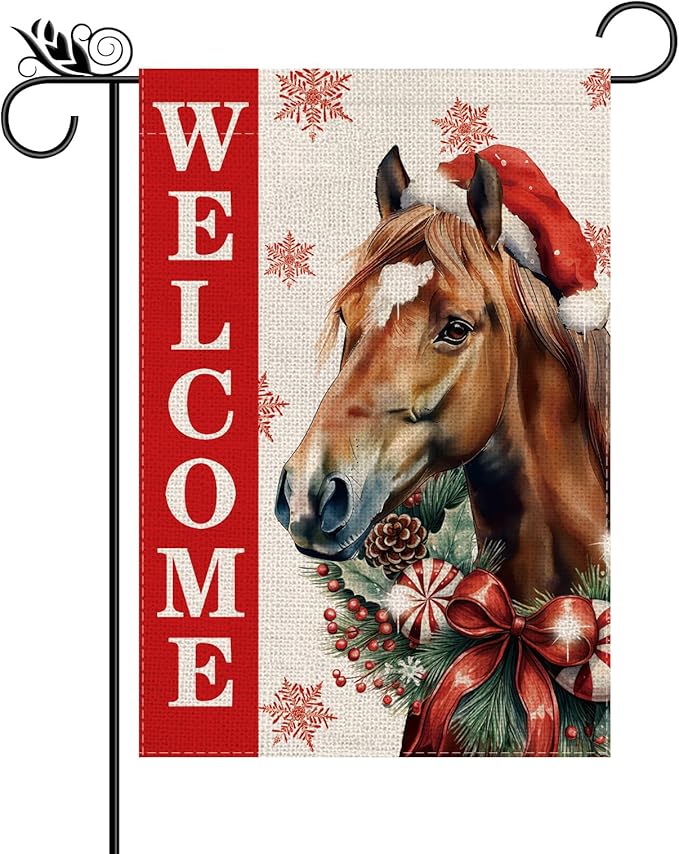 Christmas Garden Flag Welcome Xmas Horse Winter Holiday Decorations Burlap Vertical Double Sided Farmhouse Yard Lawn Outdoor Decor 12.5 x 18 Inch