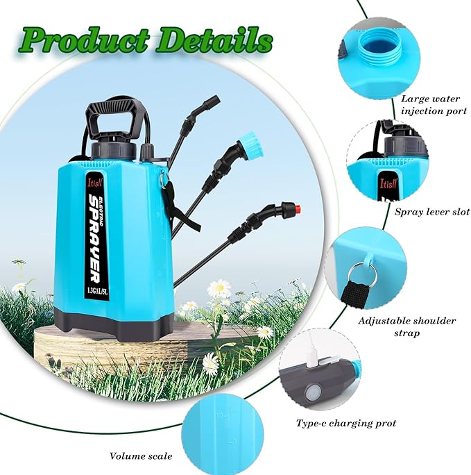 Battery Powered Electric Garden Sprayer, Upgrade Double Wand With USB Rechargeable Handle, 3 Mist Nozzles, Shoulder Strap - 1.35Gallon/5L