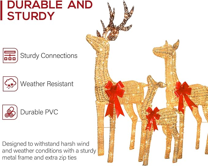 Hykolity 4.5 FT 3D Lighted Outdoor Christmas Deer Family Set, 3- Piece Christmas Reindeers with 230 Warm White LED Lights, Yard Decoration with Stakes, Zip Ties, Gold