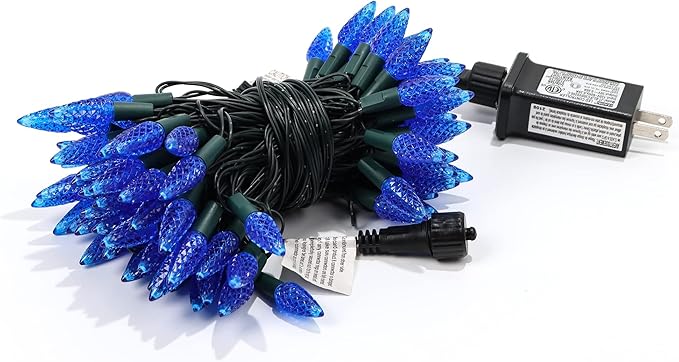 WATERGLIDE C6 Christmas Lights, 33ft 100 LED Faceted String Lights Green Wire Fairy Lights with 29V Safe Adaptor, 8 Lighting Mode, Waterproof for Indoor Outdoor Patio Xmas Tree Party Decor, Blue