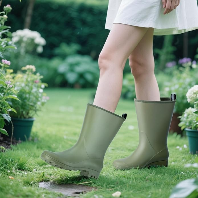 Wide Calf Women's Rain Boots Waterproof PVC Women Rubber Boot Mid Height Rain Shoes for Outdoor Gardening Work Walking