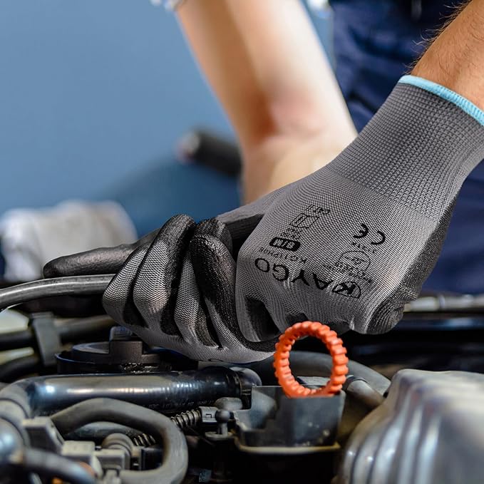 KAYGO Safety Work Gloves PU Coated-12 Pairs KG11PB Seamless Knit Glove with Polyurethane Coated Smooth Grip on Palm & Fingers for Men and Women (Small, Gray)