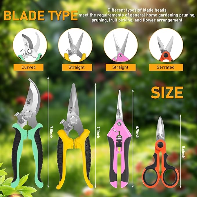 4-Pack Multifunctional Garden Scissors Set-BIDMLI Stainless Steel Pruning &Floral Shears with One-Piece Handle Blades for Tree Pruning, Flower Trimming, and Fruit Picking Tasks at Home&Garden Tool.