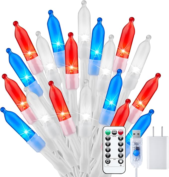 Red White Blue String Lights Plug in with Adapter,200 LED 4th of July Decoration Patriotic Mini Lights with Remote, Waterproof for Indoor Bedroom Party Holiday Independence Day