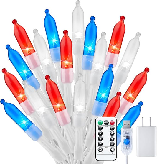 Red White Blue String Lights Plug in with Adapter,200 LED 4th of July Decoration Patriotic Mini Lights with Remote, Waterproof for Indoor Bedroom Party Holiday Independence Day