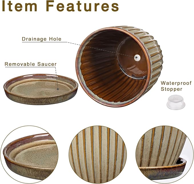Oairse Ceramic Pots for Indoor Plants, 7.8 inch Pots for Plants Brown Planters with Drainage Holes and Saucers Texture Ceramic Planters Indoor Outdoor for Succulent