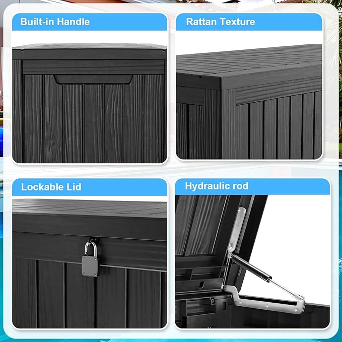 TARKARI 200 Gallon Lockable Resin Deck Box, Waterproof & UV-Resistant Outdoor Storage Box for Outdoor Cushion Storage, Garden Tools & Pool Accessories Storage, Black