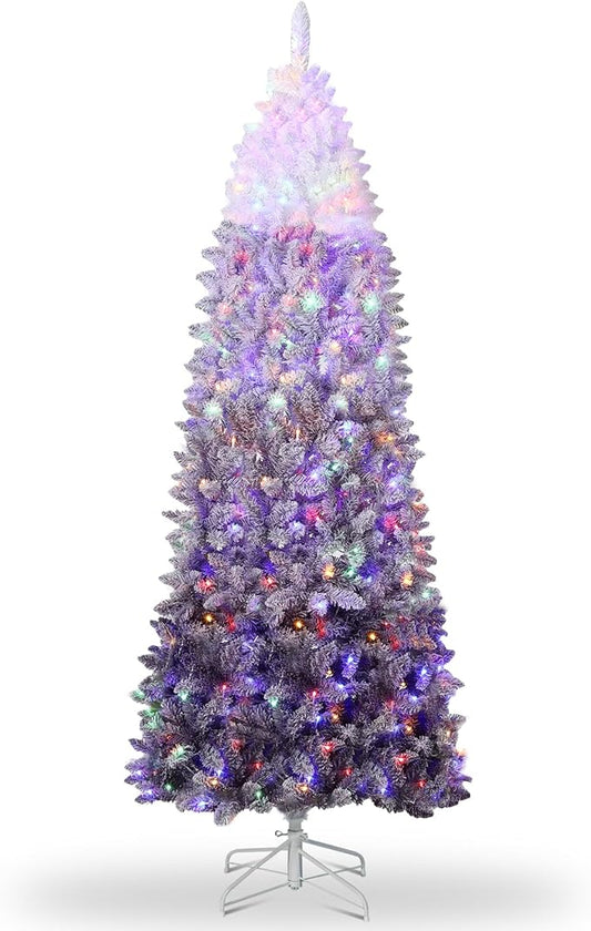 GarveeHome 7.5ft Prelit Artificial Christmas Tree with RGB & Warm White Lights, Pre-Lit Snow Flocked Pencil Christmas Tree, Foldable Base,Holiday Decoration for Home, Office, Party,Purple Gradient