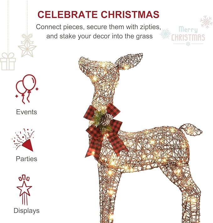 HOYECHI 6.5 FT Oversized Christmas Decorations Outdoor Lighted Reindeer – 3-Piece 3D Deer Family Set with 340 Warm White LED Lights for Yard, Lawn, Garden & Porch Holiday Display - Rattan