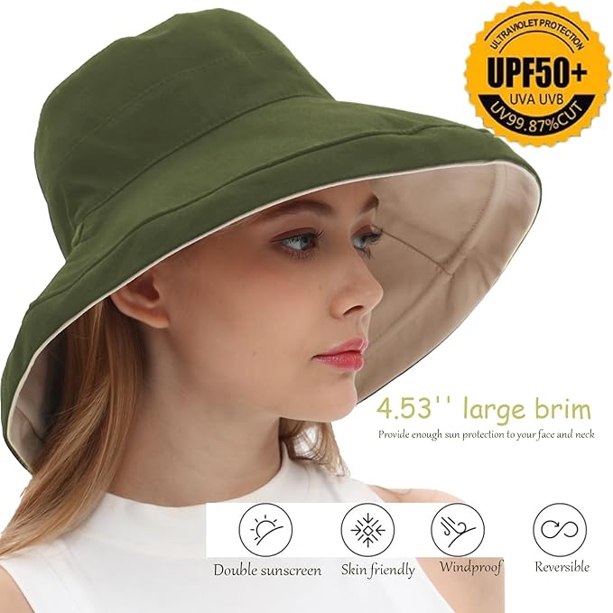vidsel Womens Sun Hats Wide Brim Reversible Bucket Cotton Hat Packable Summer Travel Cap with Hat Clip,UV Protection
