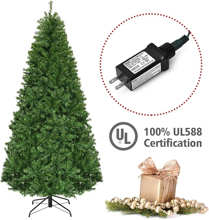 HAPPYGRILL 7FT Pre-lit Artificial Christmas Tree with 500 LED Lights, 1570 PVC Branch Tips and Foldable Base, Premium Spruce Tree Hinged Xmas Tree with 11 Color Modes for Holiday Decor