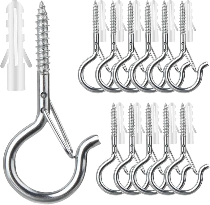 12 PCS Q-Hanger Hooks, Screw Hooks for Outdoor String Lights, Safety Buckle Design Cup Eye Hook for Hanging Christmas Lights, Plants, Wind Chimes, Mounted on Wall Ceiling, Windproof, Silver