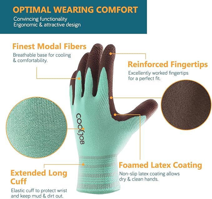 COOLJOB 2 Pairs Breathable Gardening Gloves for Women Medium, Stretch Soft Modal Base with Non Slip Rubber Coating, Palm Dipped Grip Work for Gardener Worker in Lawn Yard Factory Garden