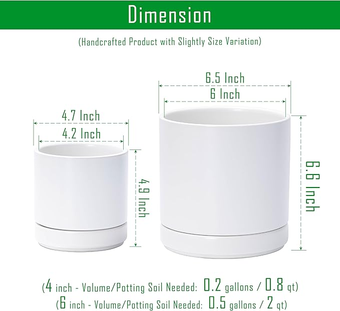 D'vine Dev 4.7 Inch & 6.5 Inch Ceramic Planter Pots for Plants with Drainage Hole and Saucer, Small Plant Pots Set, White, 94-G-S-1