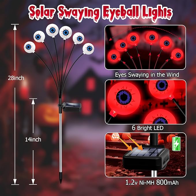 Halloween Decorations Outdoor, 6 Pack 36 LED Solar Scary Eyeball Swaying Lights, Red Solar Firefly Light Waterproof Outdoor Garden Lights for Halloween Yard Garden Party