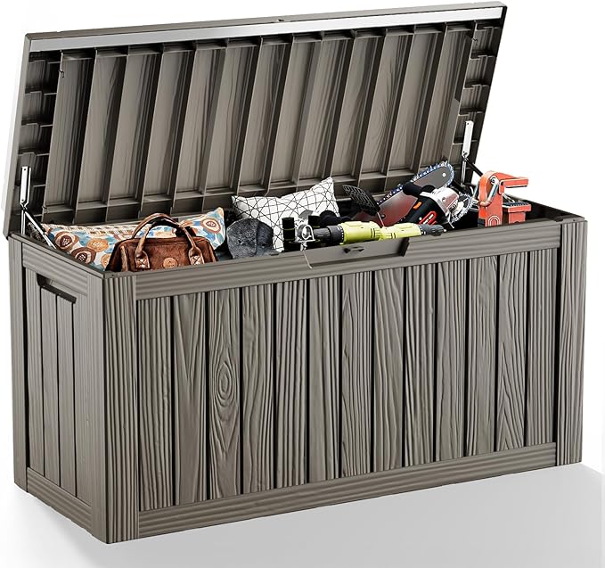 EasyUp 81 Gallon Outdoor Storage Box Waterproof, UV Resistant Resin Deck Box with Hydraulic Rod, Lockable Design and Enhanced Durability for Patio, Garden, and Poolside Use