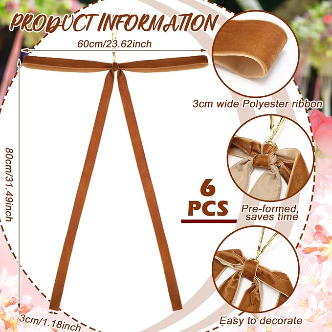 Janinka 6 Pcs Light Brown Velvet Christmas Swag Bow 31.5 x 23.6 inch Large Neutral Christmas Ornament Vintage Rustic Velvet Staircase Wreath Bows Xmas Tree Topper Bows Large Bow for Outdoor